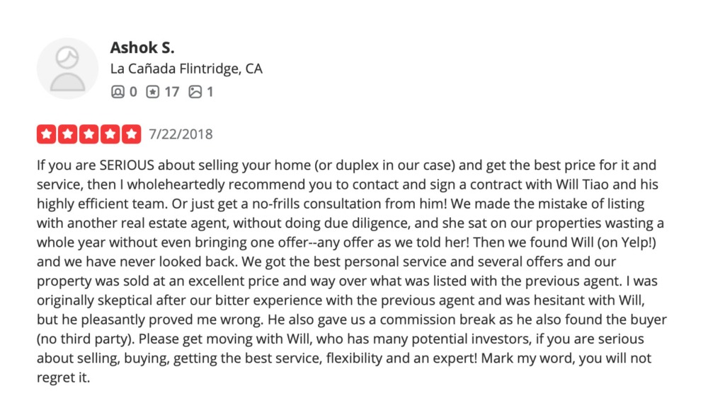Yelp Review: Ashok S., Another Satisfied Tiao Properties Client