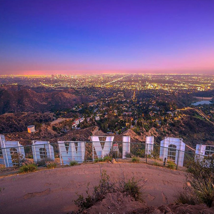 Backside of the Hollywood sign overlooking Los Angeles at night