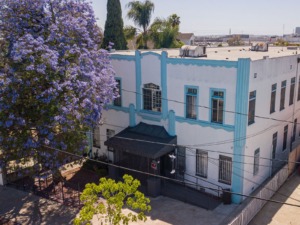 High angled view of large white Art Deco apartment building with light blue trim