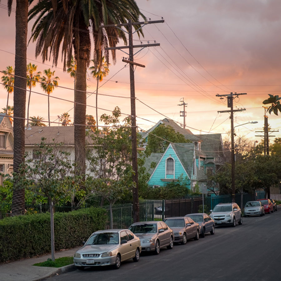 Quiet street at sunset in West Adams
