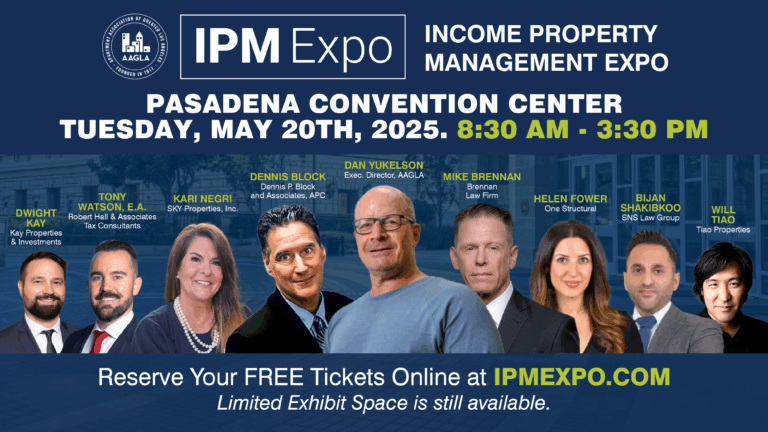 Flyer for the Income Property Management Expo 2025 in Pasadena featuring event details, speaker headshots, and sponsor logos.