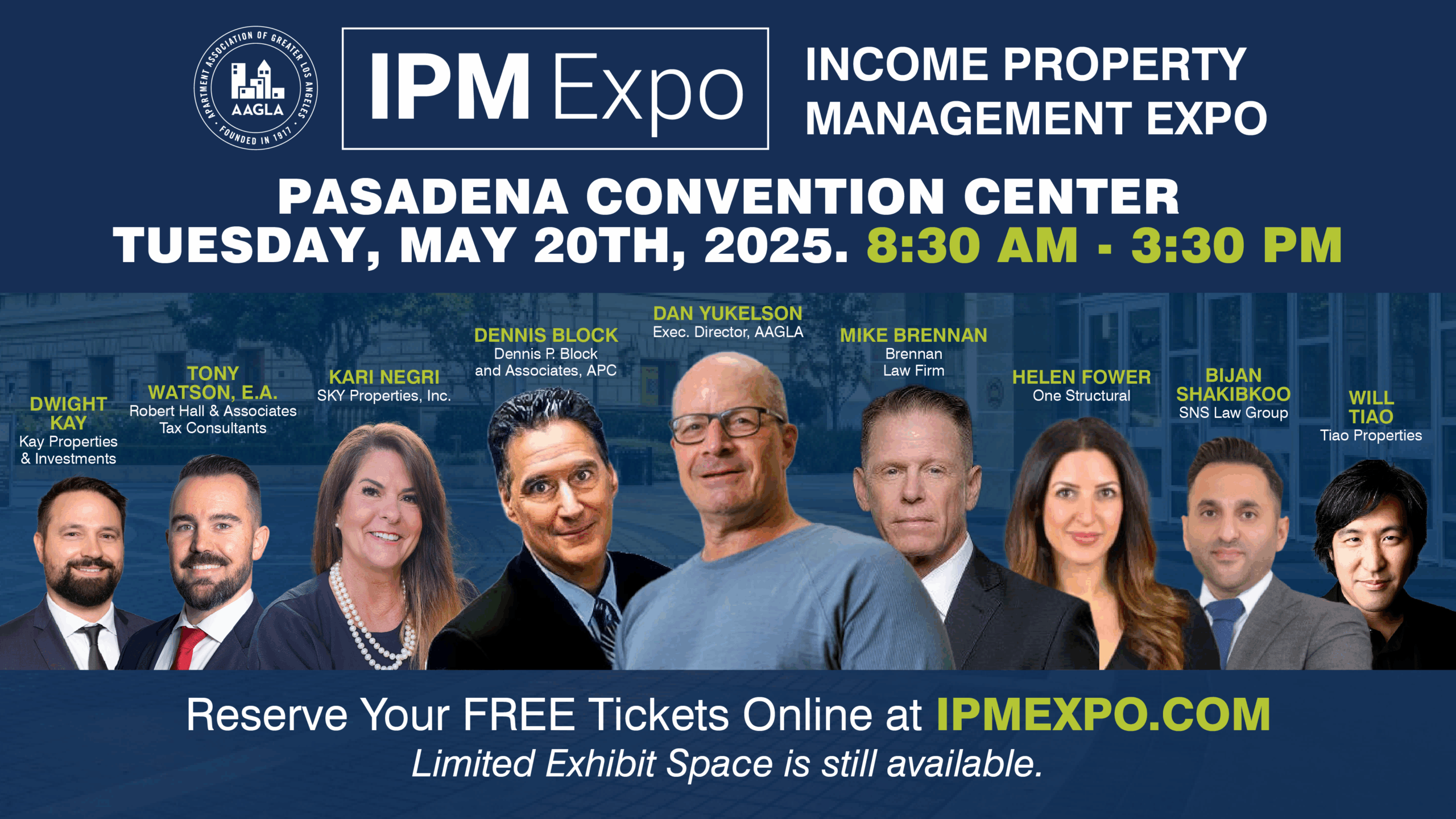 Flyer for the Income Property Management Expo 2025 in Pasadena featuring event details, speaker headshots, and sponsor logos.